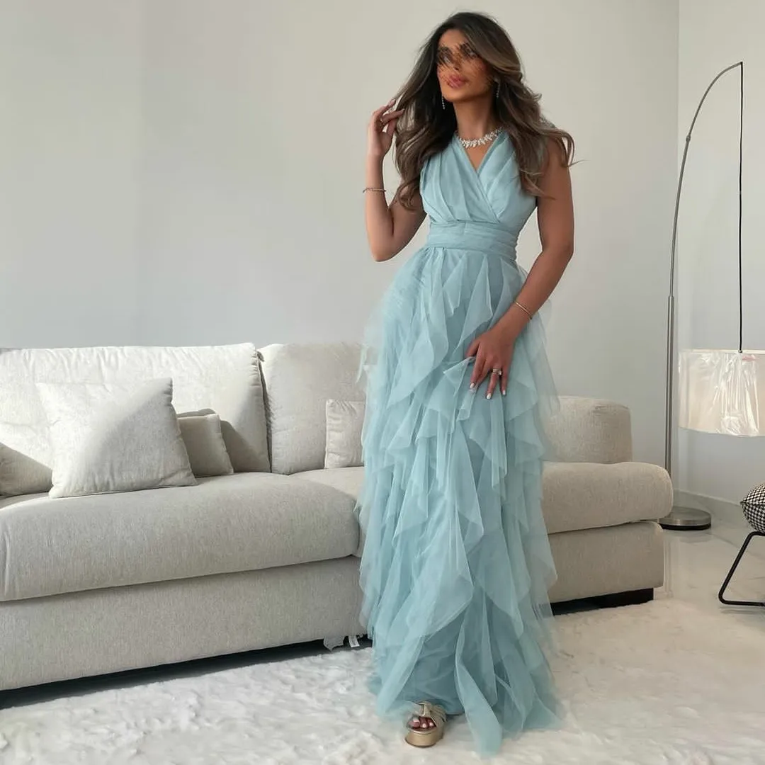 

Elegant Long Blue Tulle Evening Dresses فساتين السهرة A-Line V-Neck Pleated Prom Dress Robe de soirée for Women