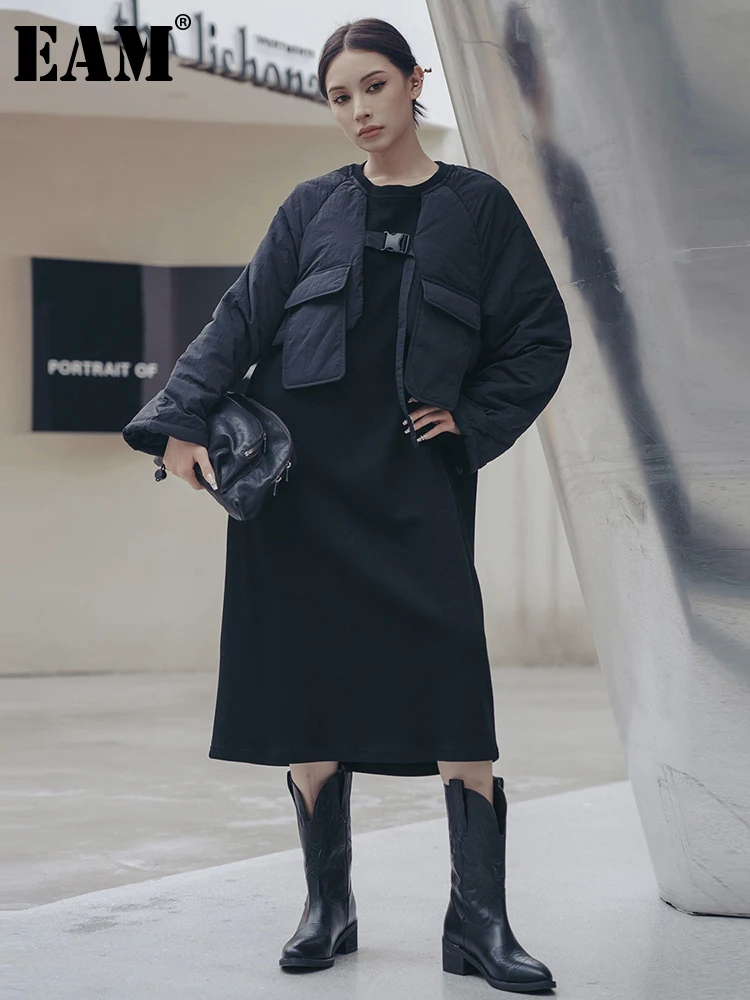 

[EAM] Women Black Thick Long Warm Big Size Dress New Round Neck Long Sleeve Loose Fit Fashion Tide Autumn Winter 2023 1DF2659