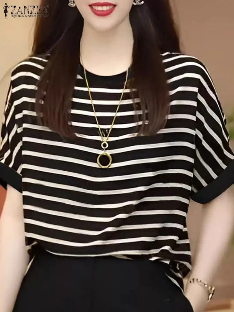 Праздничная блузка с принтом в полоску ZANZEA женские блузы коротким рукавом лето