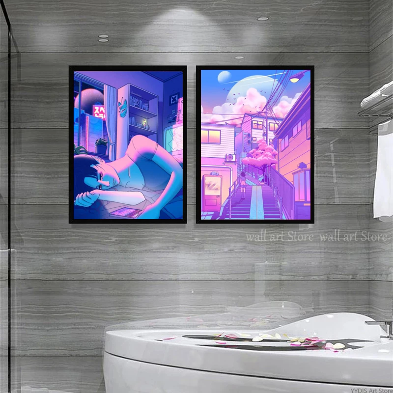 Постер Ночной город в стиле поп киоту башня Осака городская улица полуночная