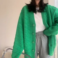 woman sweater kniited blue loose long sleeve v collar cardigan casualstyle 2021 autumn green cardigans college style indie