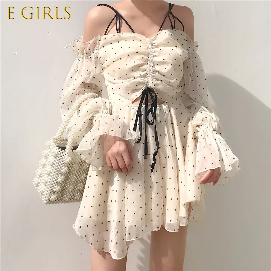 

E GIRLS 2021 New Women Vintage Polka Dot Drawstring Draped Bodycon Mini Dress Romantic Lady Puff dress V Neck Party Sexy Dress