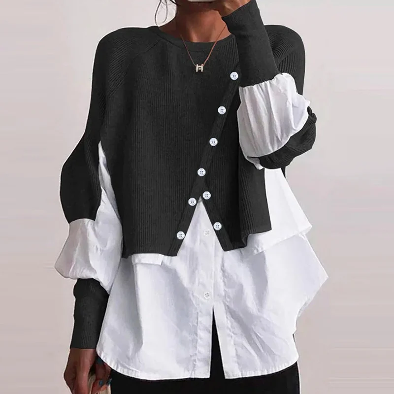

Women Elegant Lantern Long Sleeve Blouse Casual O-neck Button Solid Loose Shirt Tops Fashion Ribbed Knitted Patchwork Pullovers