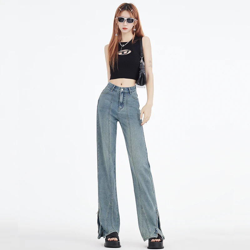 Vintage Blue Jeans Women's Pants High Street 2023 Summer New Foot Opening Split Zipper Button Loose Wide Leg