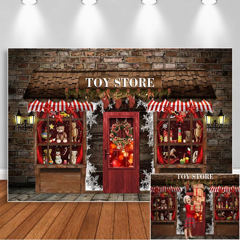 

Christmas Toy Shop Photography Backdrops Birthday Photocall Background Bear Xmas Wreath Photoshoot Portrait Photo Studio Props