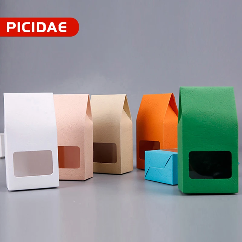 Transparent Square Window Embossed Multicolor Kraft Paper Self-standing Packaging Bag Food Small Objects Handmade Soap Gift Box