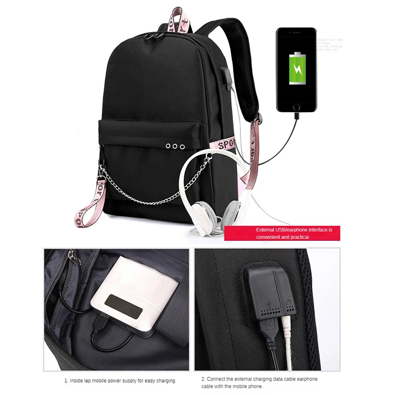 Fashion Solid Black Color women Student School Bag Computer Youth Travel Backpack Class Bag Girl College School Bags With Usb