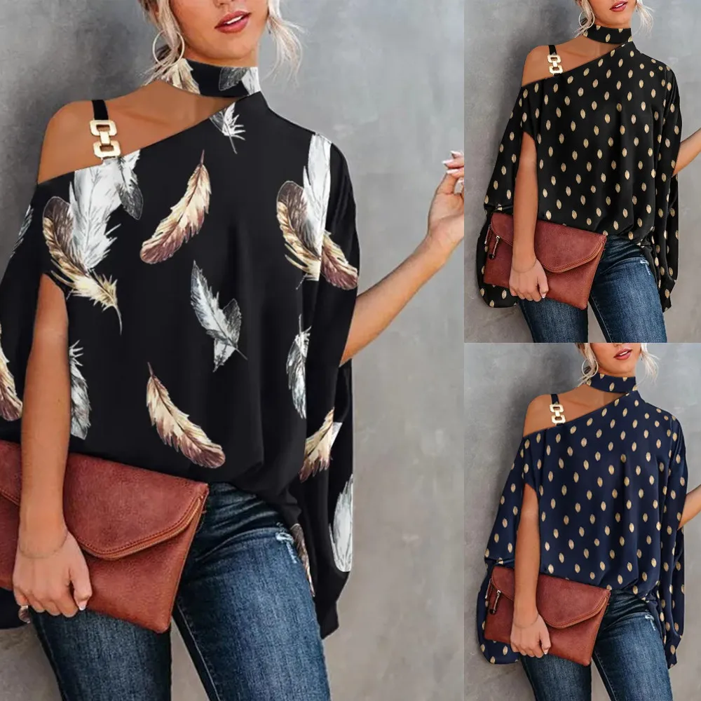 

Summer neck hanging bat sleeve printed shirt women's shirt