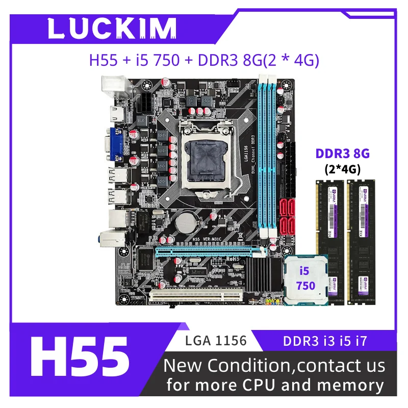 

H55 M-ATX LGA1156 комплект с Xeon i5-750 CPU 8GB(2*4G) 1333MHZ DDR3 десктопная материнская плата USB3 SATA3 i3 i5 i7