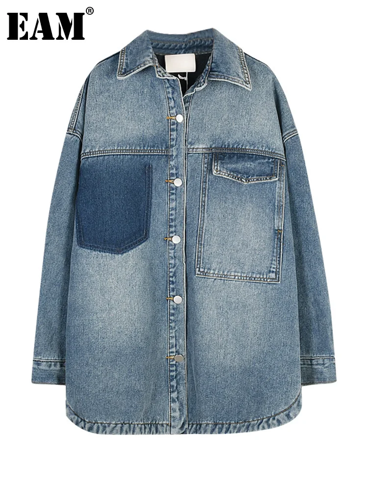 

[EAM] Women Light Blue Denim Thick Ig Size Blouse New Lapel Long Sleeve Loose Fit Shirt Fashion Tide Autumn Winter 2023 1DF3272