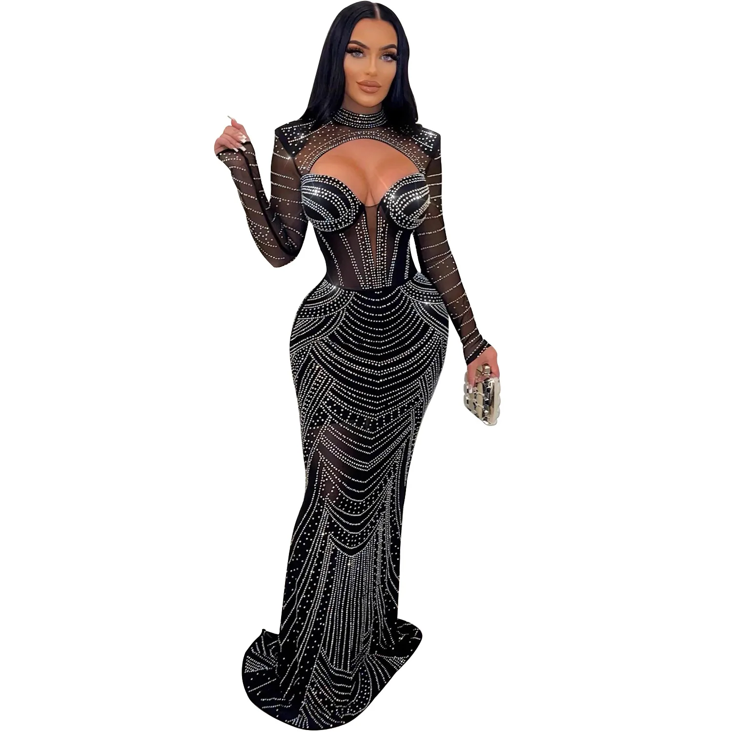 

Женское блестящее длинное платье с длинным рукавом и высоким воротником