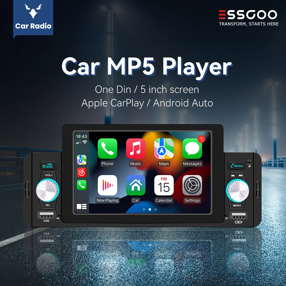 Автомагнитола ESSGOO 1Din, mp5-плеер, Авторадио, стерео, 5-дюймовый IPS экран, Carplay Mirror Link, Bluetooth, универсальный мультимедийный плеер (art.: 3920c04e7ea9e) - 3920c04e7ea9e