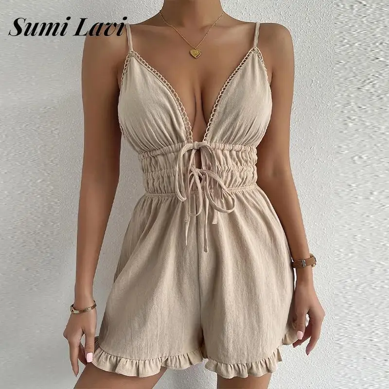

Summer Women Drawstring Pleated Short Jumpsuit Lady Solid Crochet Lace Waisted Lace Up Rompers Sexy Sling V-neck Shorts Jumpsuit