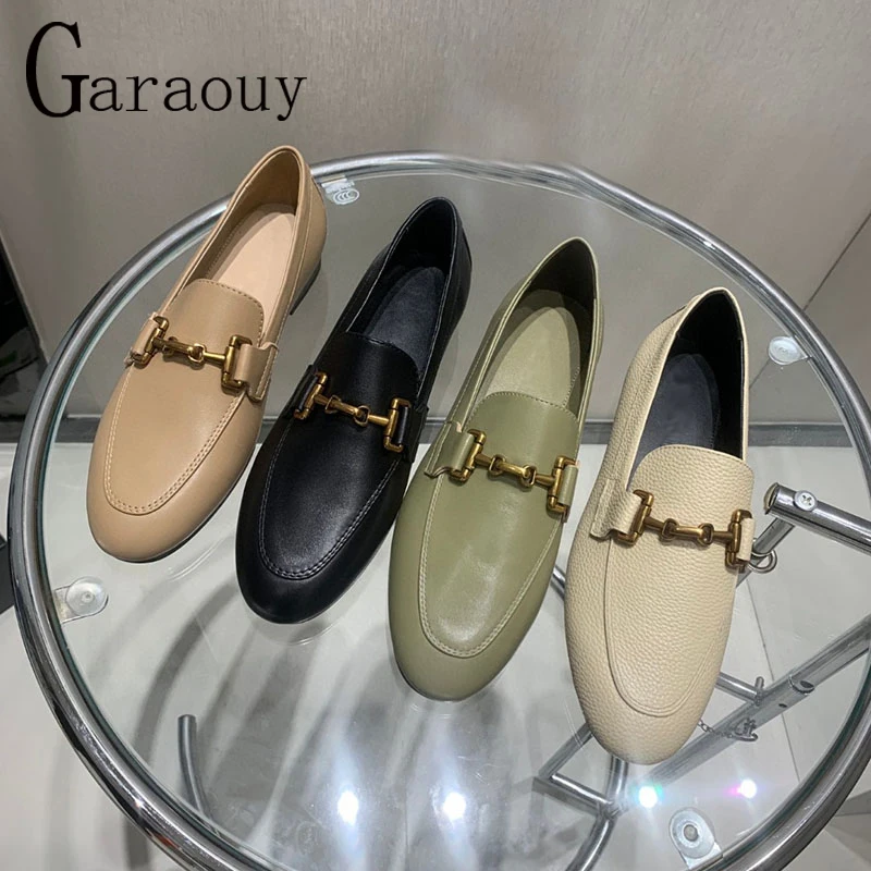 

Garaouy 2023 New Genuine Leather Metal Buckle Women's Flat Shoes Female Fashion Round Head Comfortable Commute Leisure Loafers