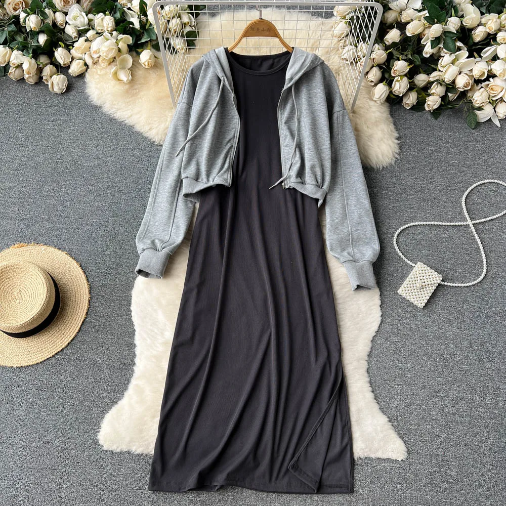 

VANOVICH Autumn New Fashion Sweater Cardigan Hooded Loose Waist Sleeveless Solid Color O-neck Vest Long Dress Two-piece Sets