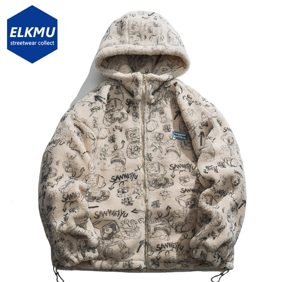 

Winter Hooded Fleece Jackets Graffiti Hip Hop Zipper Coats Men Thick Beige Harajuku Streetwear Jacket Outwear Parkas 2022
