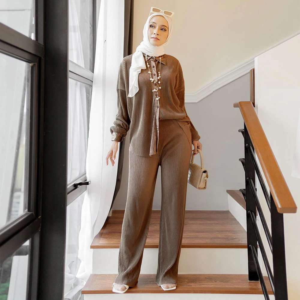 Muslim Fashion Set Dubai Travel Turkey Morocco Abaya Casual Women's Dress Malaysia Indonesia Dress Set Pleated Pants Set Dresses