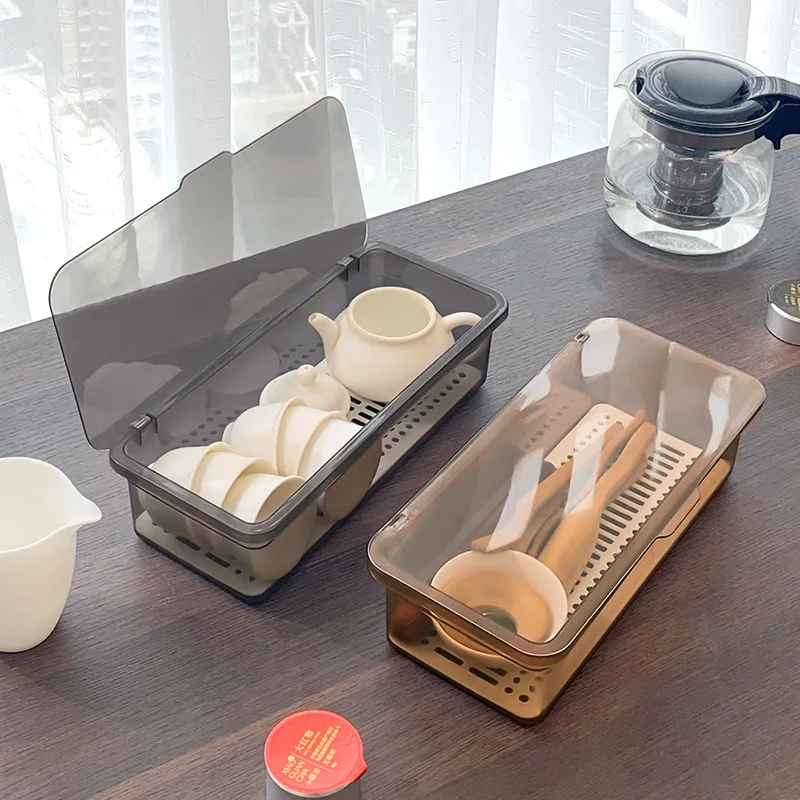 

Tea Set Storage Box Desktop Dust-proof Belt Cover Kung Fu Tea Cup Tea Bowl Teapot Can Be Stacked Storage Shelf