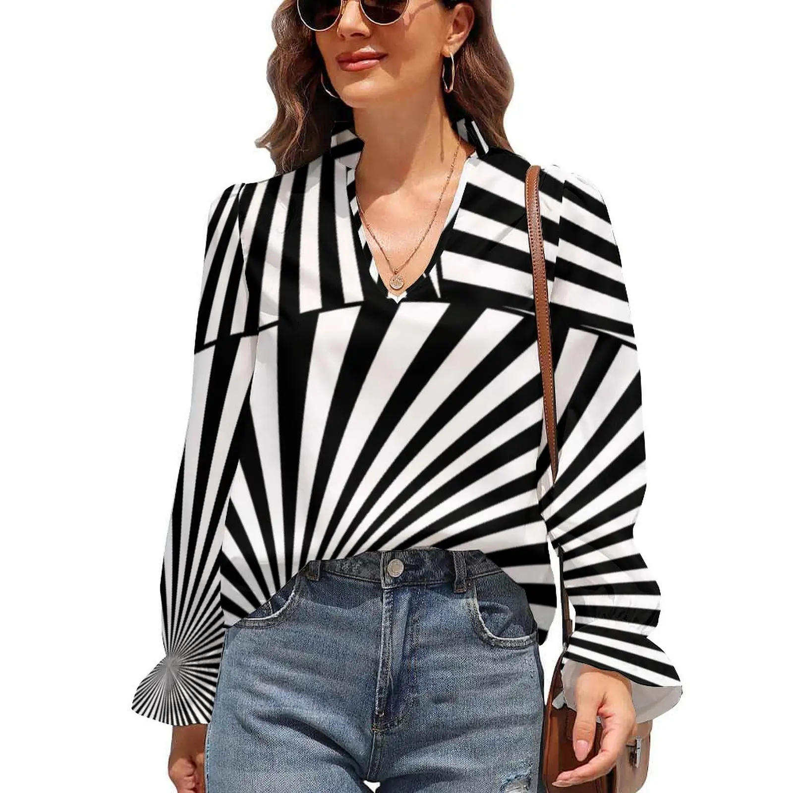 

Abstract Retro Mod Blouse Two Tone Sunburst Korean Fashion Chiffon Blouses Autumn V Neck Long Sleeve Office Work Shirt Woman Top