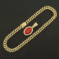 iced out cuban chains bling diamond red stone ruby rubine rhinestone pendants mens necklaces charm club jewelry for women choker