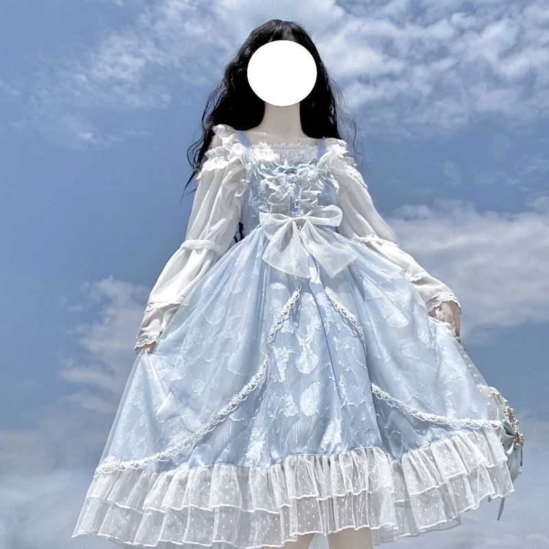 

Dress Mesh Fairy Womens Blue Sky Summer Fashion Kawaii Sweet Lolita Girl Printing Ruffles Square Collar Bow Lace Dresses