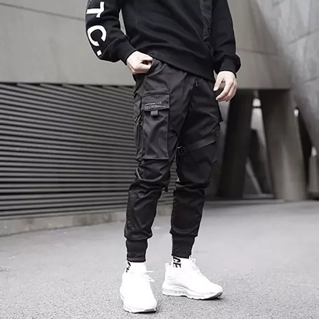 2022New Hop Trousers Men Ribbons Color Block Black Pocket Cargo Pants Harem Joggers Harajuku Sweatpant