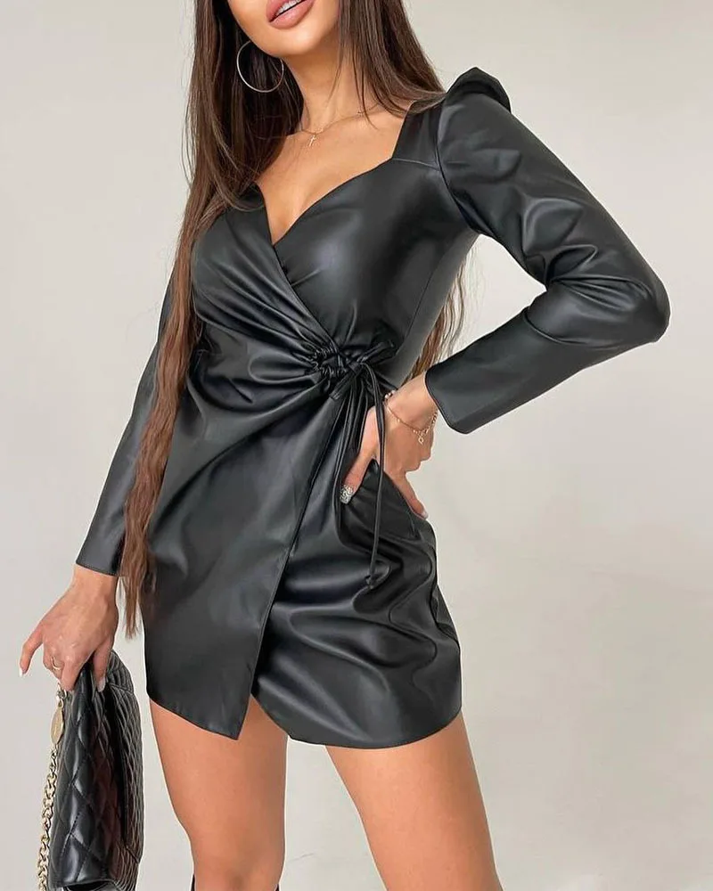 

2022 Spring New Fashion Dress Women's Temperament Waist Bandage PU Dress Long Sleeve Mini Skirt