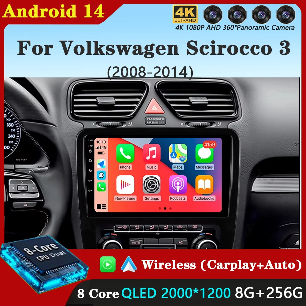 Android 14 для VW Volkswagen Scirocco 3 III Mk3 2008-2014 9-дюймовый 8-ядерный WIFI Bluetooth Автоматическая