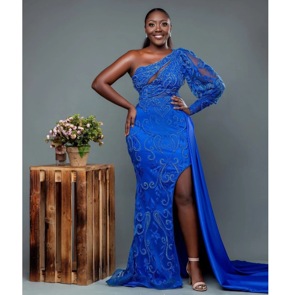 

Elegant Royal Blue African Aso Ebi Prom Dresses 2022 Mermaid One Shoulder Long Sleeve Lace Women Formal Evening Dress Party Gown