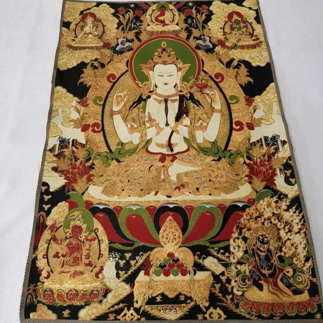 

36" Tibet Tibetan Cloth Silk 4 Arm Guanyin Kwan-yin Tangka Thangka Mural #12