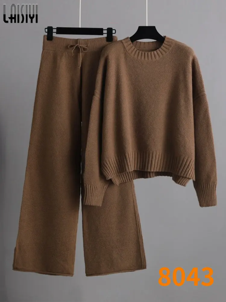 

2PCS Tracksuits Wide Leg Pants Women Sweater Suits Autumn Winter Set Thick Soft Knitted Sets Pullovers Long Pants Casual Outfits