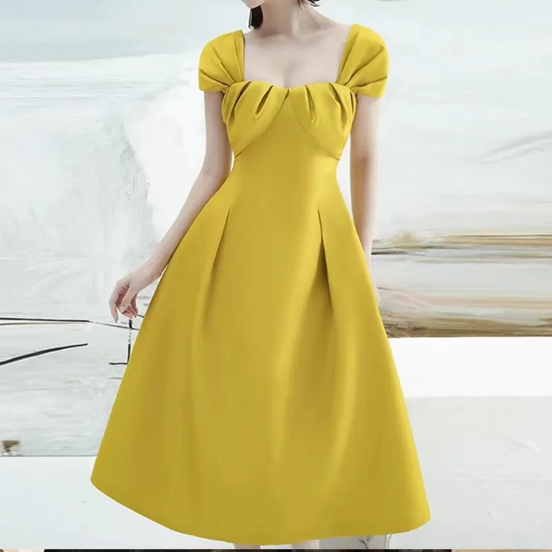 

JSXDHK модное летнее желтое бальное платье, элегантное женское платье с квадратным воротником и коротким рукавом, женское тонкое длинное платье с высокой талией