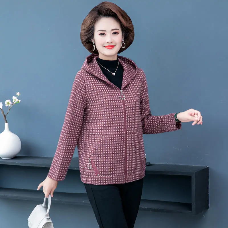

Autumn Women's Coat Hooded Jacket Long Sleeve Zipper Pockets Casual Plaid Cotton Basic Jackets Outerwear 5XL J276