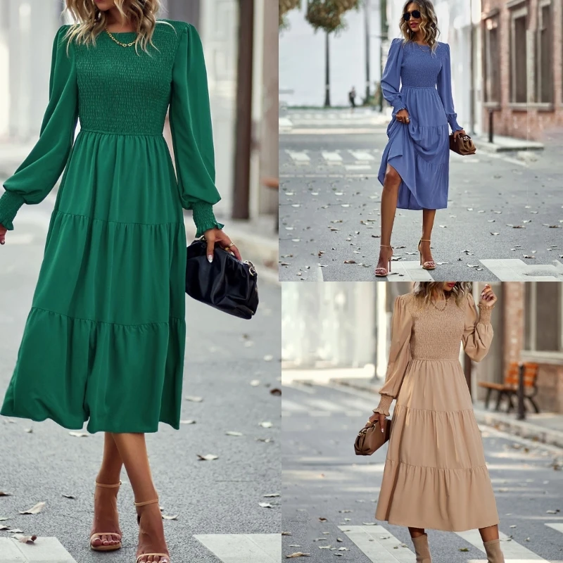 

Women Puff Long Sleeve Smocked High Waist A-Line Pleated Tiered Swing Midi Dress