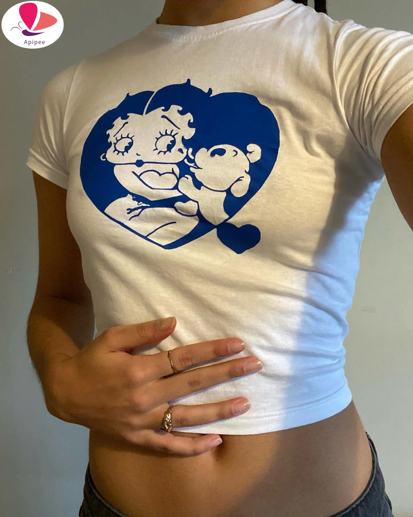 APIPEE Y2K Топы Cyber Graphic Crop Top Белые винтажные топы Женские футболки Gyaru с короткими