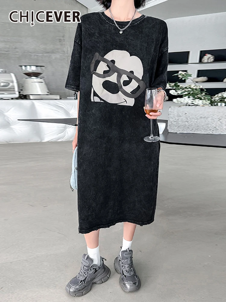 

CHICEVER, прямые свободные платья для женщин, круглый вырез, короткий рукав, высокая талия, принт, хитовый цвет, складки, Повседневное платье для ...