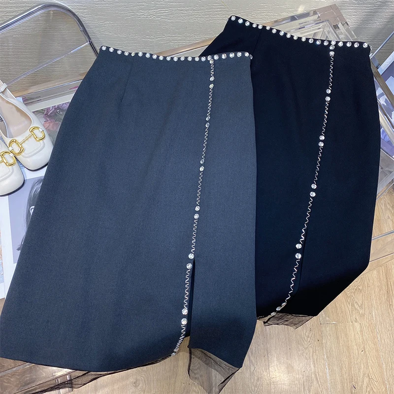 

22 NEW Long Skirt High Waist Lady Chic Beaded Diamond Decoration Skirts Split Fashion A-line Solid Color Elegent Vintage Skirts