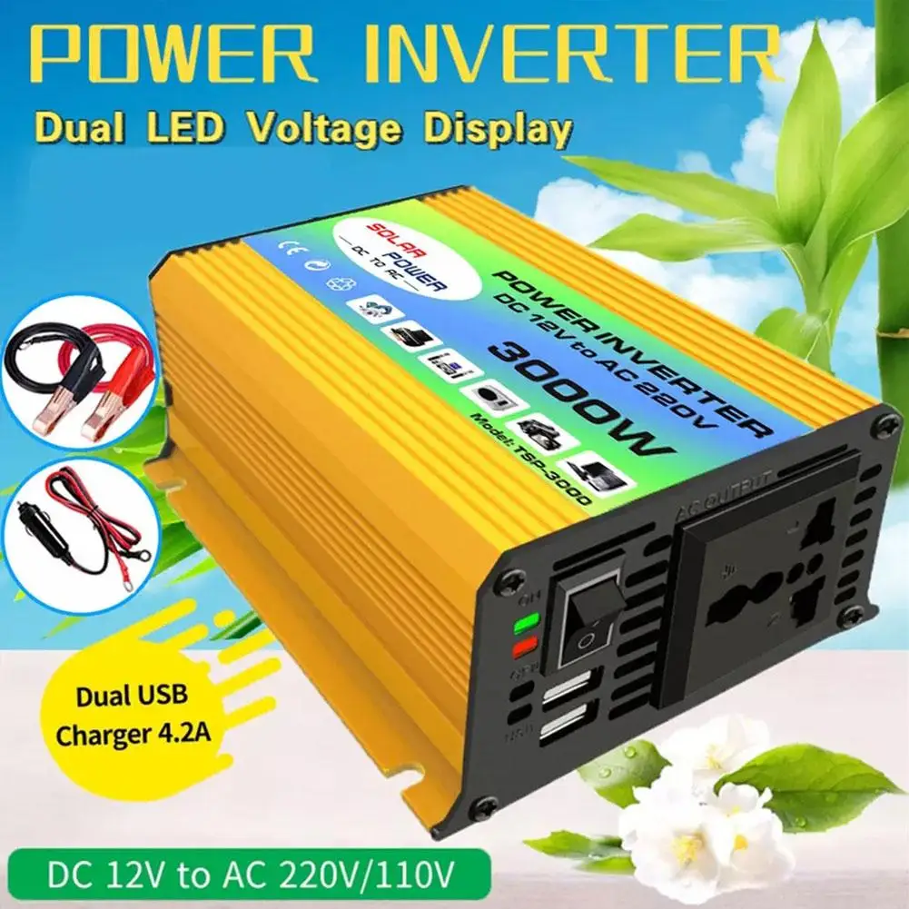 

3000W Pure Sine Car Converter Wave Inverter DC12V To AC220V Fast Charging Dual USB Ports Car Power Converter