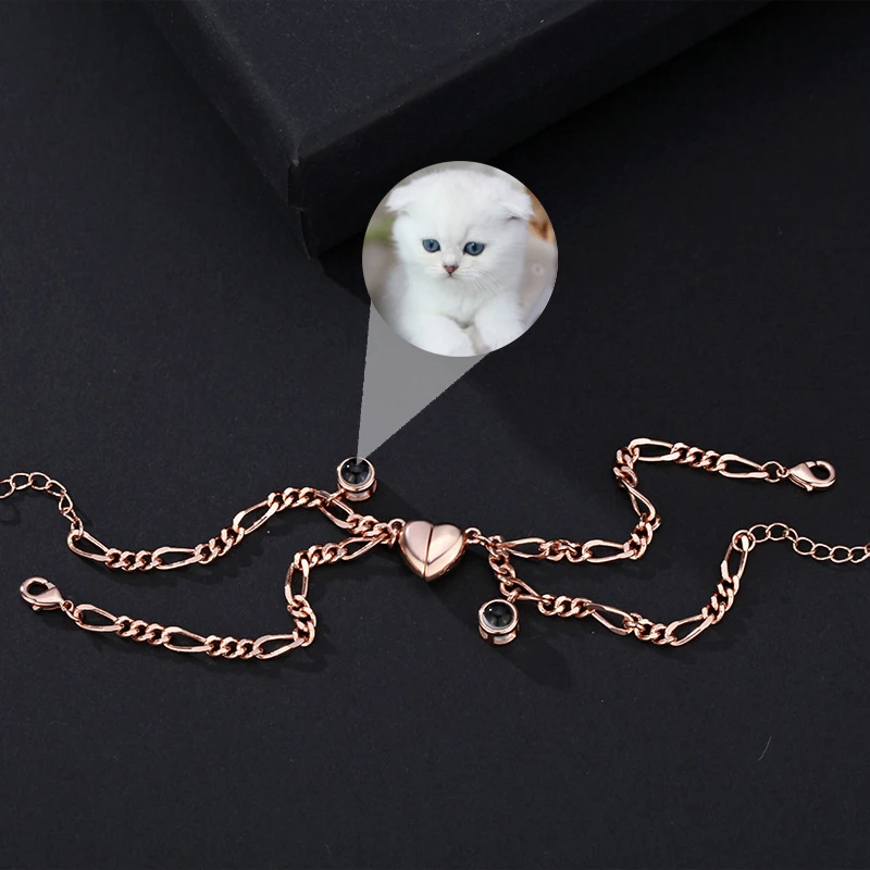 Magnetic Peach Heart Pendant Personalized Custom Photo Projection Couple Bracelet Commemorative Jewelry Gifts Drop Shipping