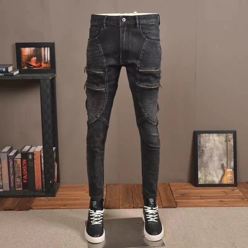 Autumn Men Biker Black Jeans Streetwear Casual Slim Fit Pencil Pants Zipper Patchwork Denim Trousers CP2019
