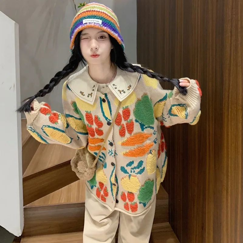 Плотный жаккардовый контрастный теплый свитер Mori кардиган Женская куртка осень