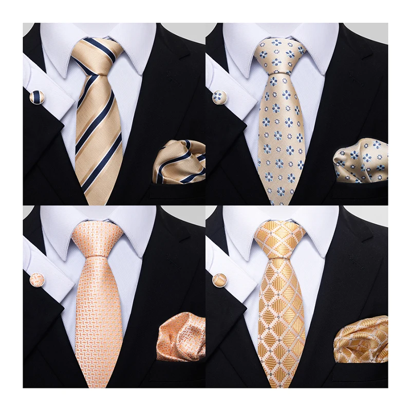 Fashion Brand Silk Festive Present Tie Handkerchief Cufflink Set Necktie Man's Plaid Shirt Accessories Gold