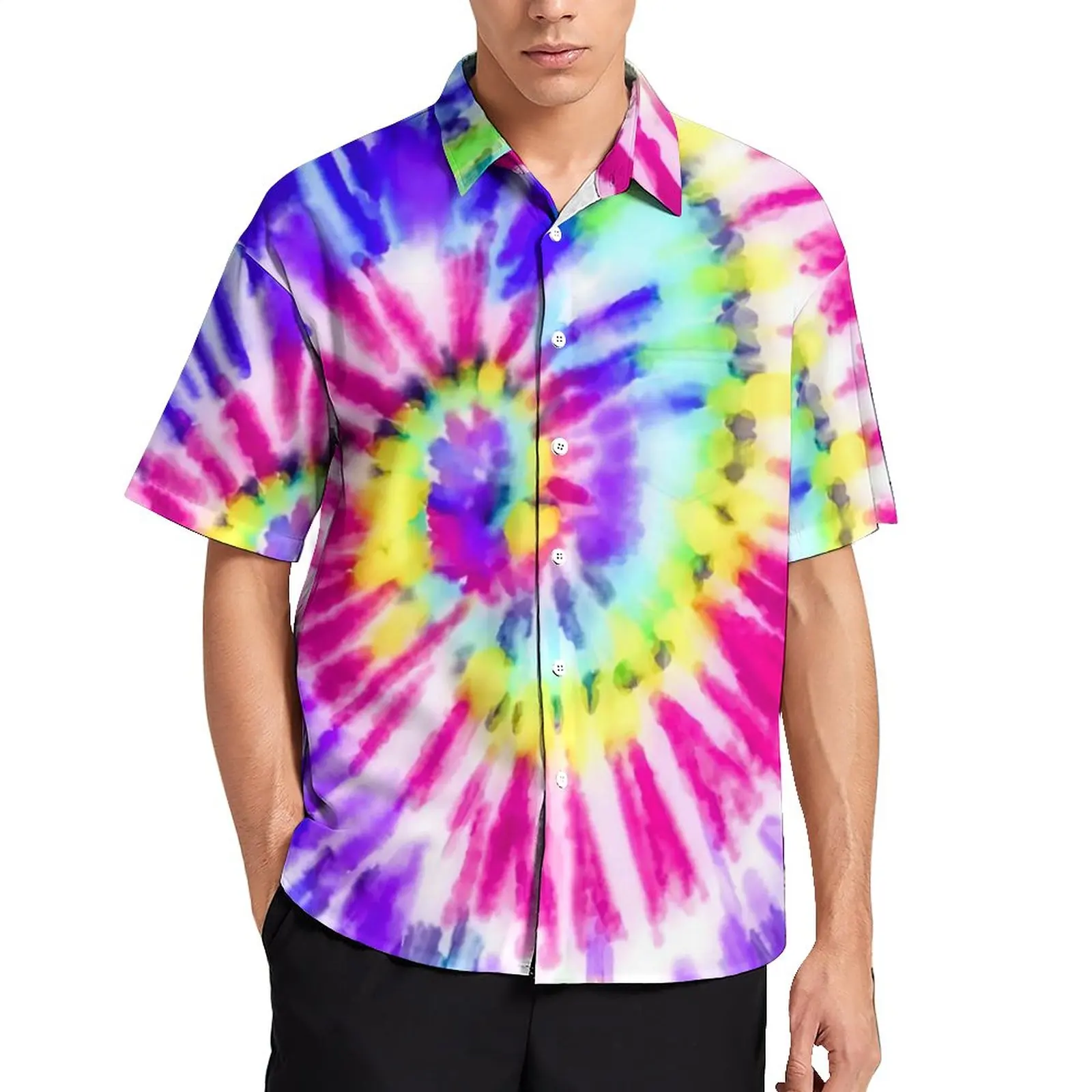 

Watercolor Ombre Blouses Artsy Neon Rainbow Tie Dye Casual Shirts Hawaiian Short-Sleeve Custom Harajuku Oversized Beach Shirt