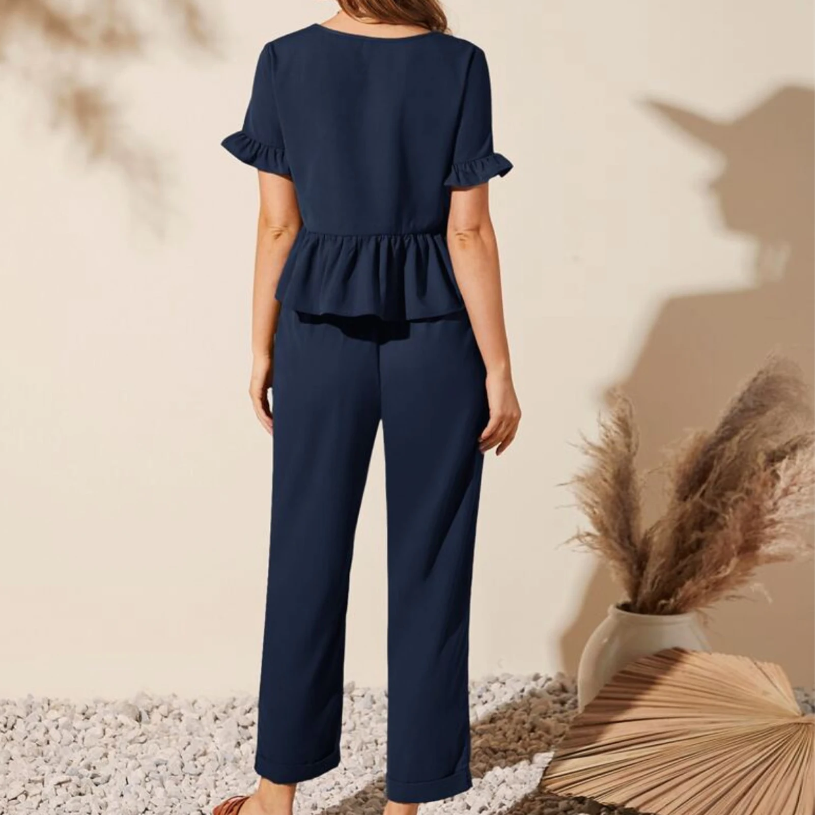 

Ladies Short Sleeve Top Pants V Neck Women 2 Piece Straight Pants Set Flounce Sleeve with Pockets Solid Color Vacation Outfit