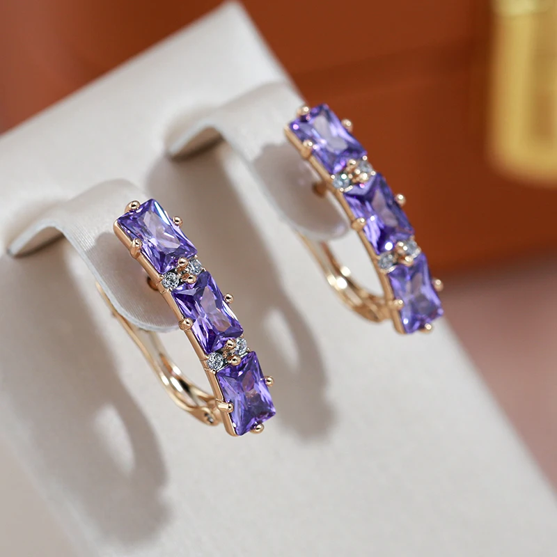 

JULYDREAM Luxury Full Purple Zircon Drop Earrings for Women Fashion 585 Rose Gold Color Jewelry Statement Party Accessories