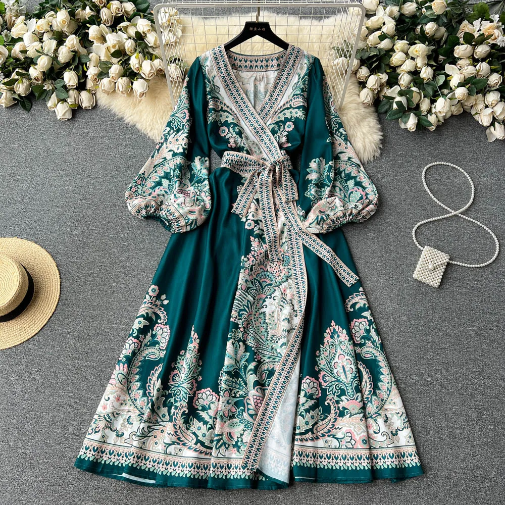 

Женское модельное платье макси, длинное платье с рукавами-фонариками, V-образным вырезом, винтажным принтом, высокой талией и поясом, весна-осень