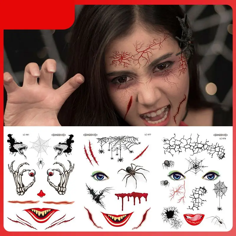

3X Waterproof Halloween Face Tattoo Sticker Atmosphere Funny Blemish Masquerade Temporary Tattoos Horror Wound Blood Scar makeup