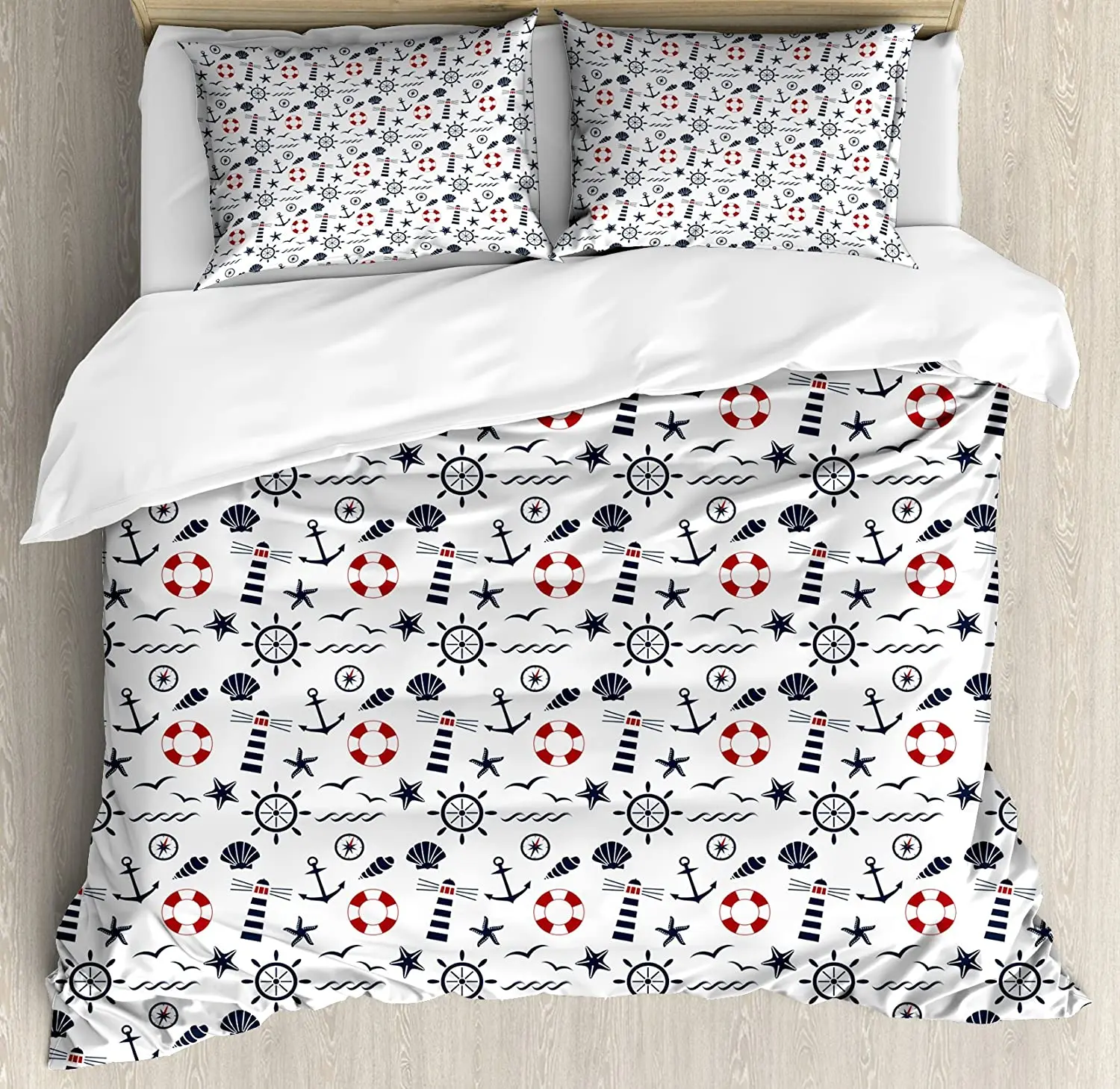 

Lighthouse Bedding Set For Bedroom Bed Home Nautical Anchors Waves Helms and Animal Silhou Duvet Cover Quilt Cover Pillowcase