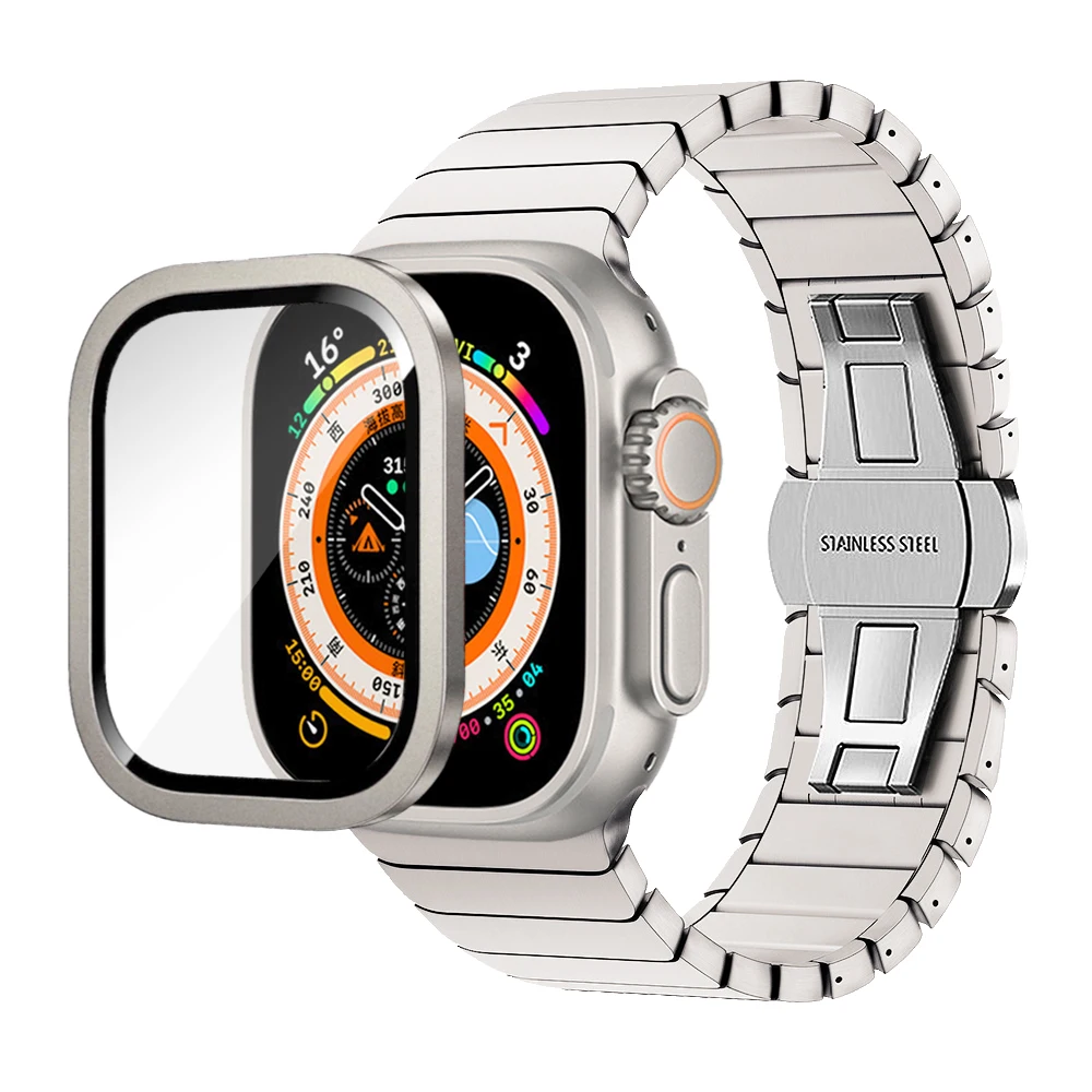 Stainless Steel Watch Band for Apple Watch Ultra 49mm Screen Protect Glass + Titanium Color Butterfly Link Bracelet 49mm Strap