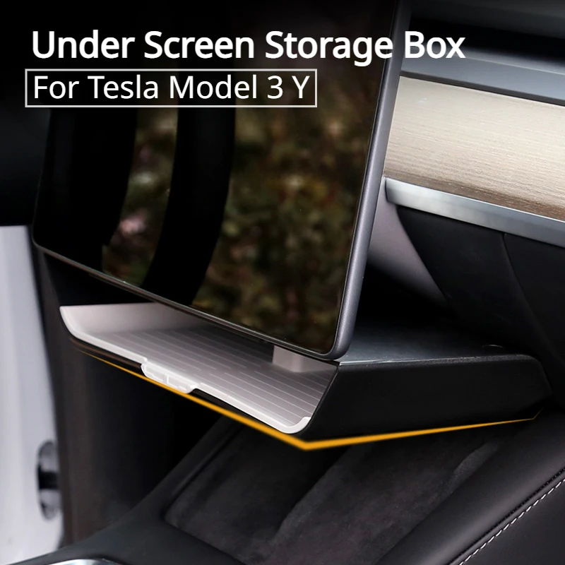 

Under Screen Storage Box for Tesla Model 3 Y Center Console Organize Tray Glasses Phone Holder Hidden Storage Rack with TPE Pad